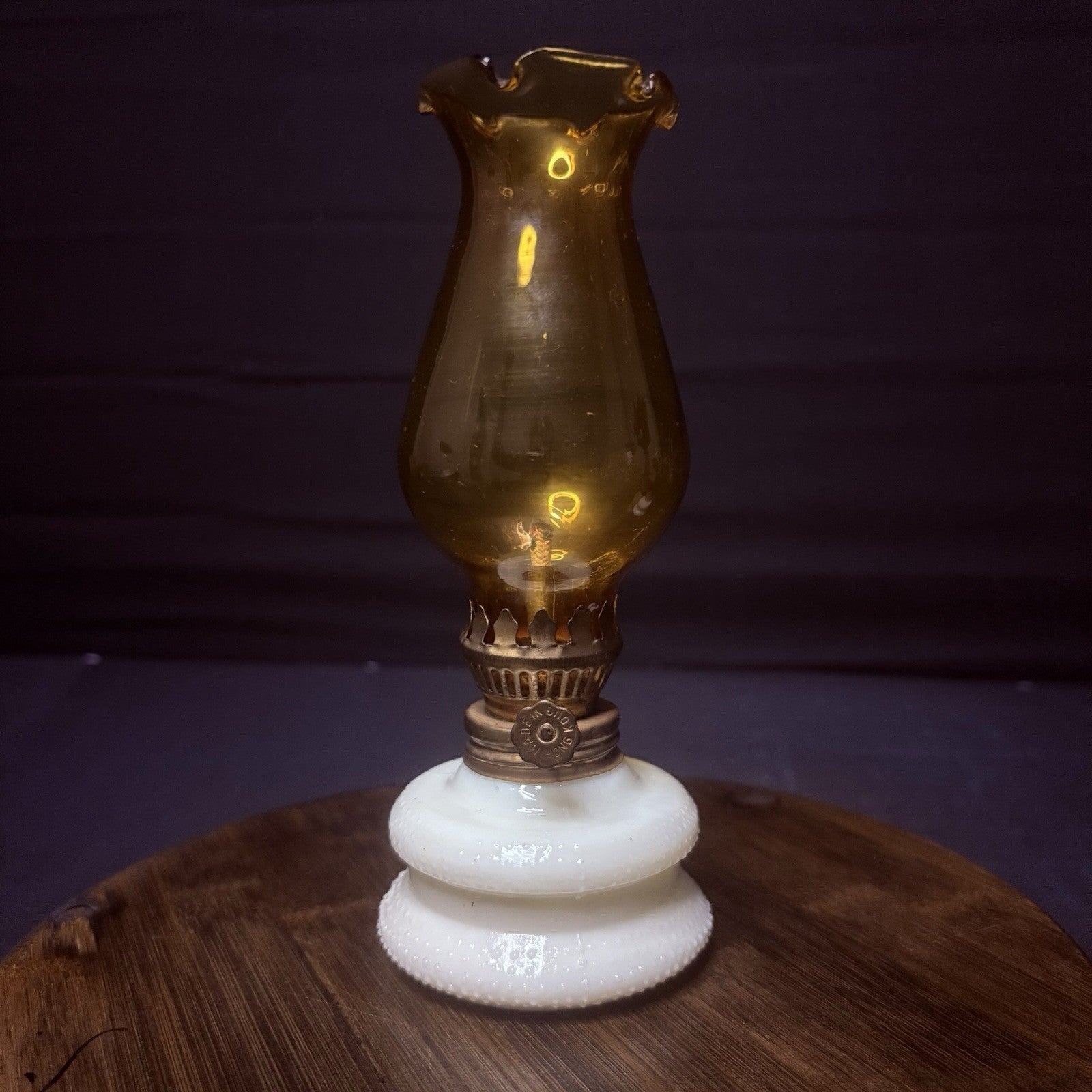 VTG Miniature Hurricane Oil Lamp Hobnail Milk Glass Base Amber Globe, Hong Kong3