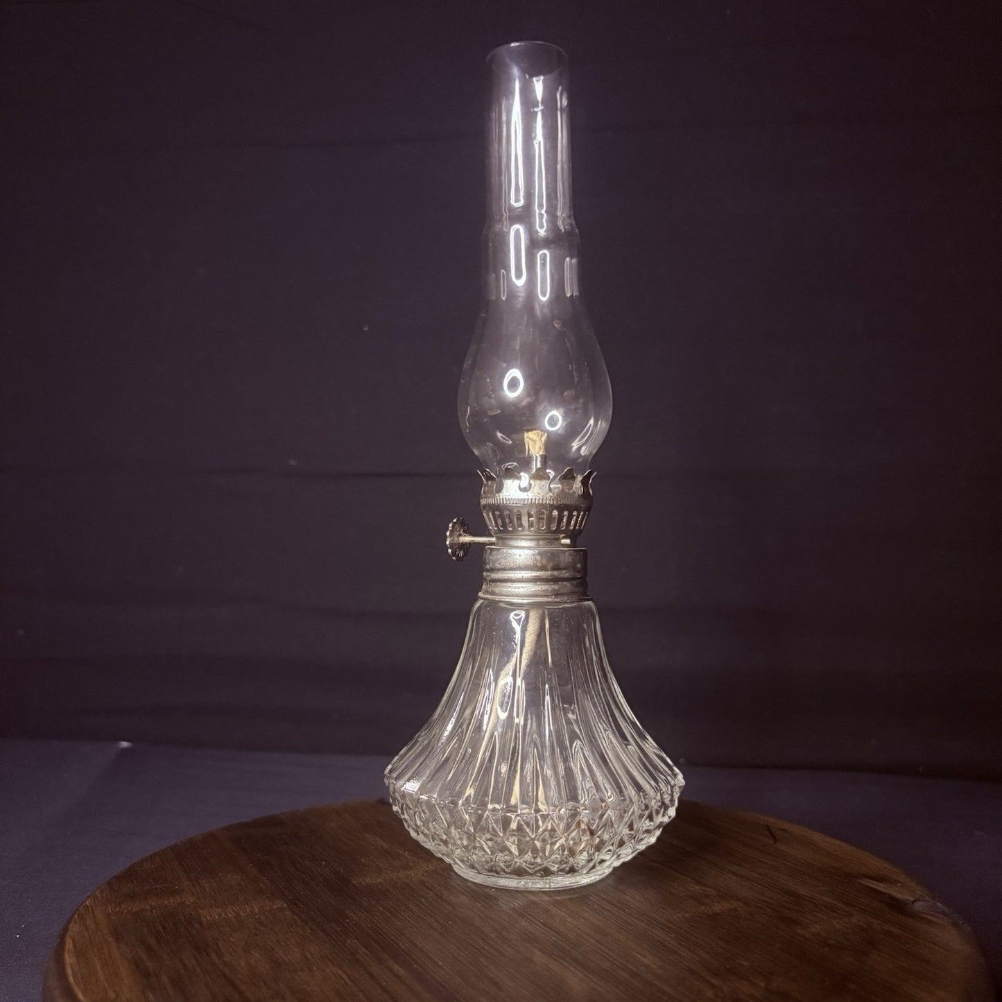 Vintage Miniature Hurricane Oil Lamp Lamplight Long Chimney, Diamond Cut Base0