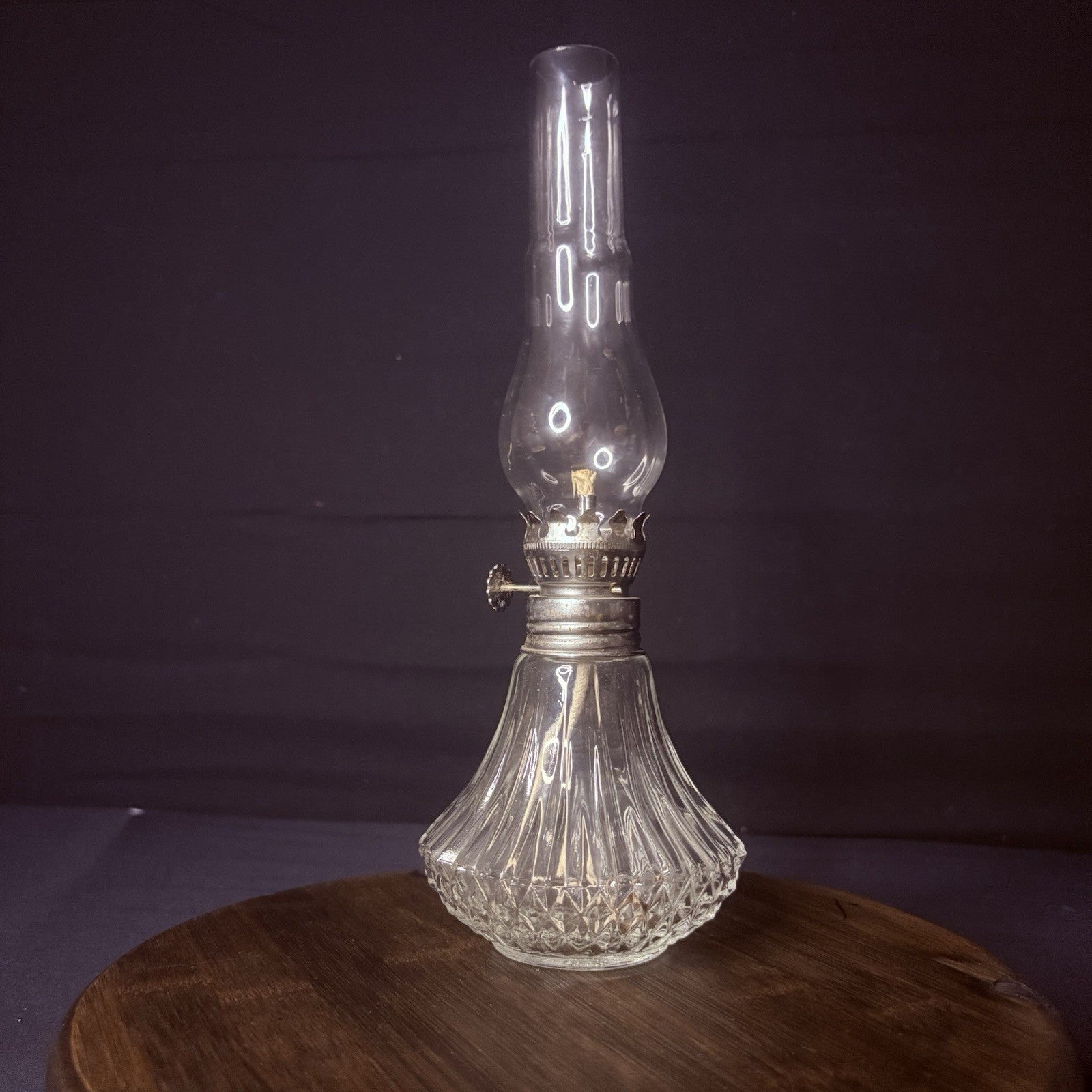 Vintage Miniature Hurricane Oil Lamp Lamplight Long Chimney, Diamond Cut Base0