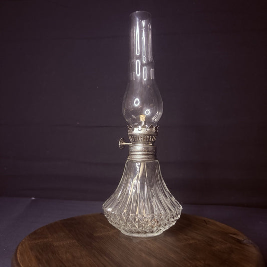 Vintage Miniature Hurricane Oil Lamp Lamplight Long Chimney, Diamond Cut Base0