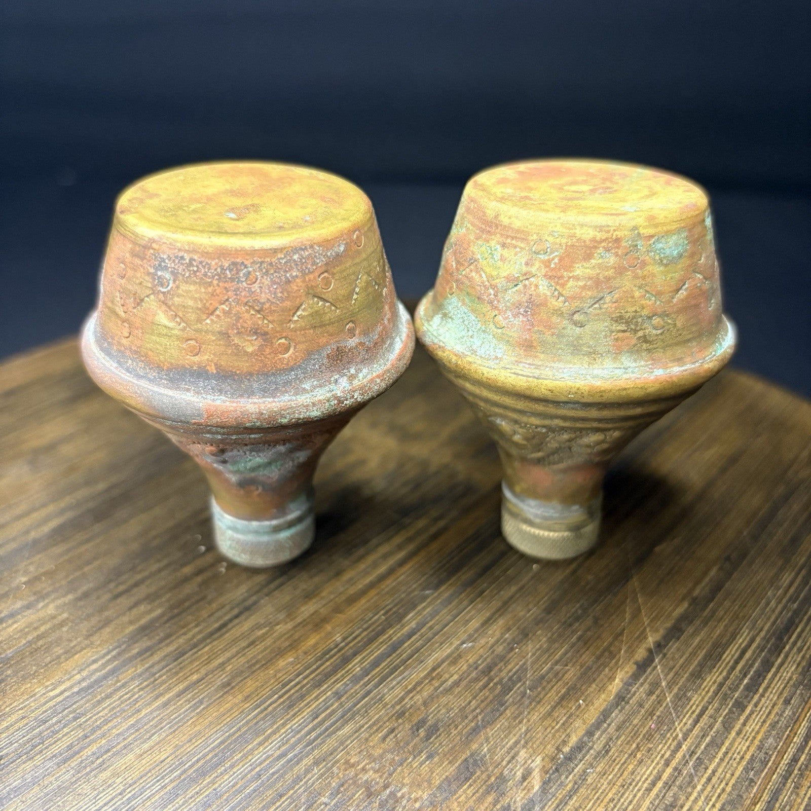 Antique Copper Salt & Pepper Shaker Hand Etched Copper Early 1900s13