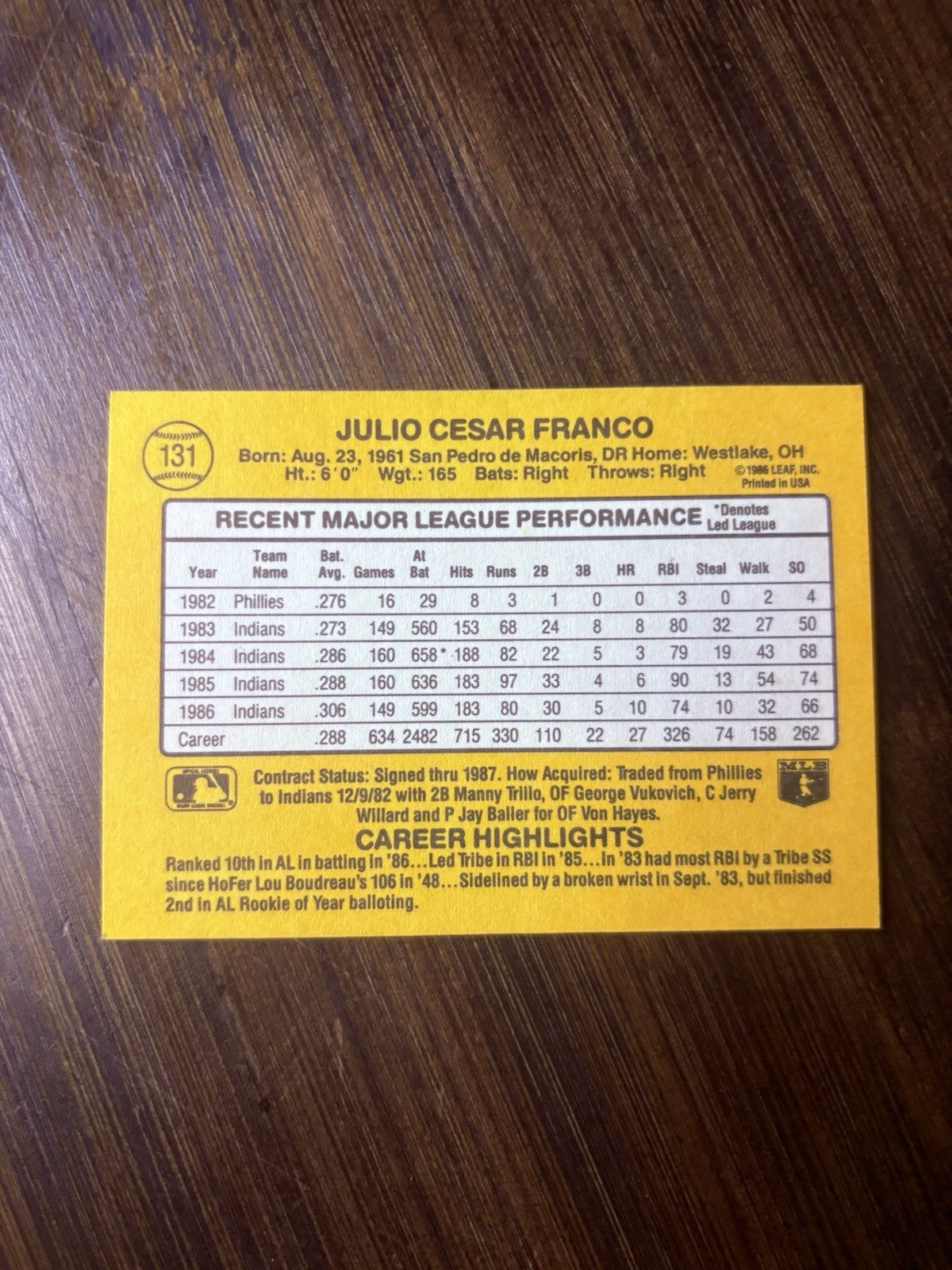 1987 Donruss Julio Franco Baseball Card 131 Indians Shortstop High Grade1