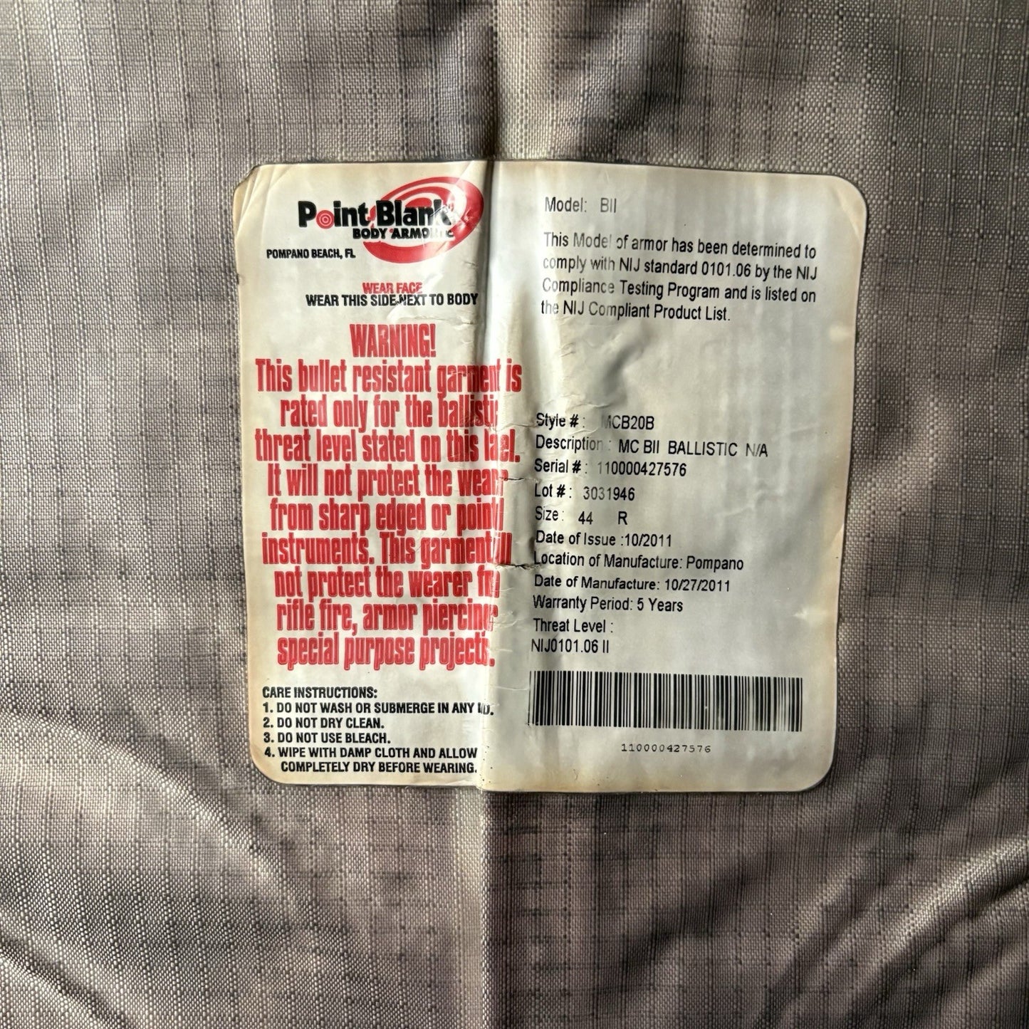 PB Bullet Proof Vest Level 2 II Size Medium Concealable Ballistic Vest THIN12