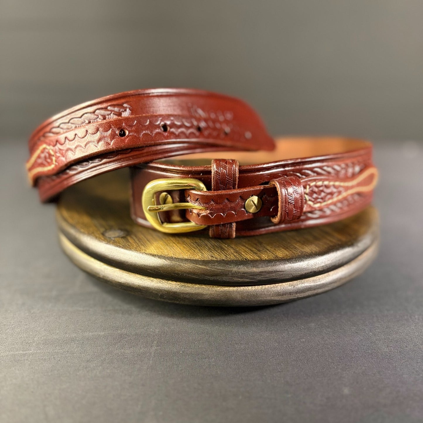 Triple K Leather Ranger Belt Size 53A-30 Gold Buckle1