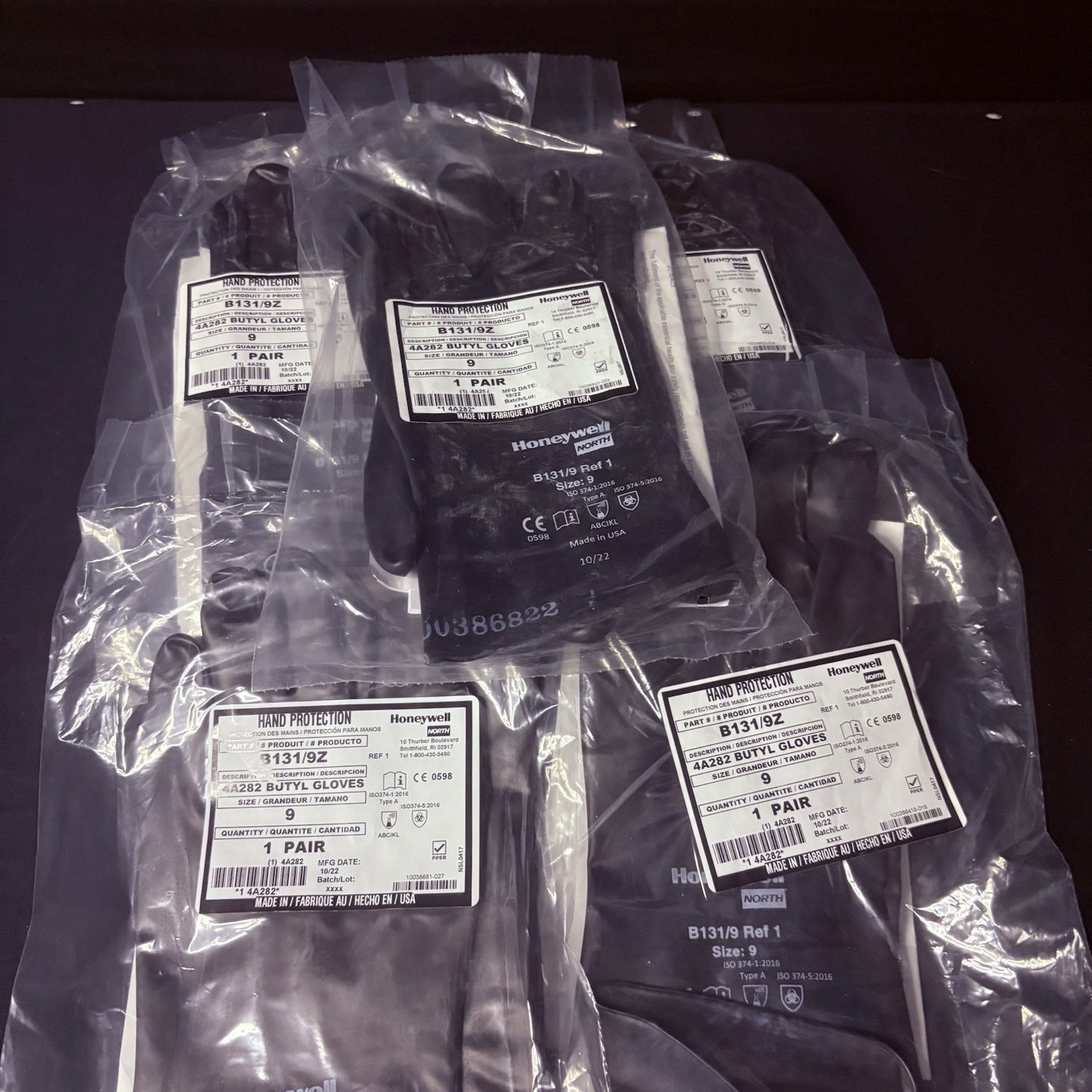 (5 Pack) Honeywell Butyl Gloves North B131/9 Chemical Resistant 13 Mil Sz 94