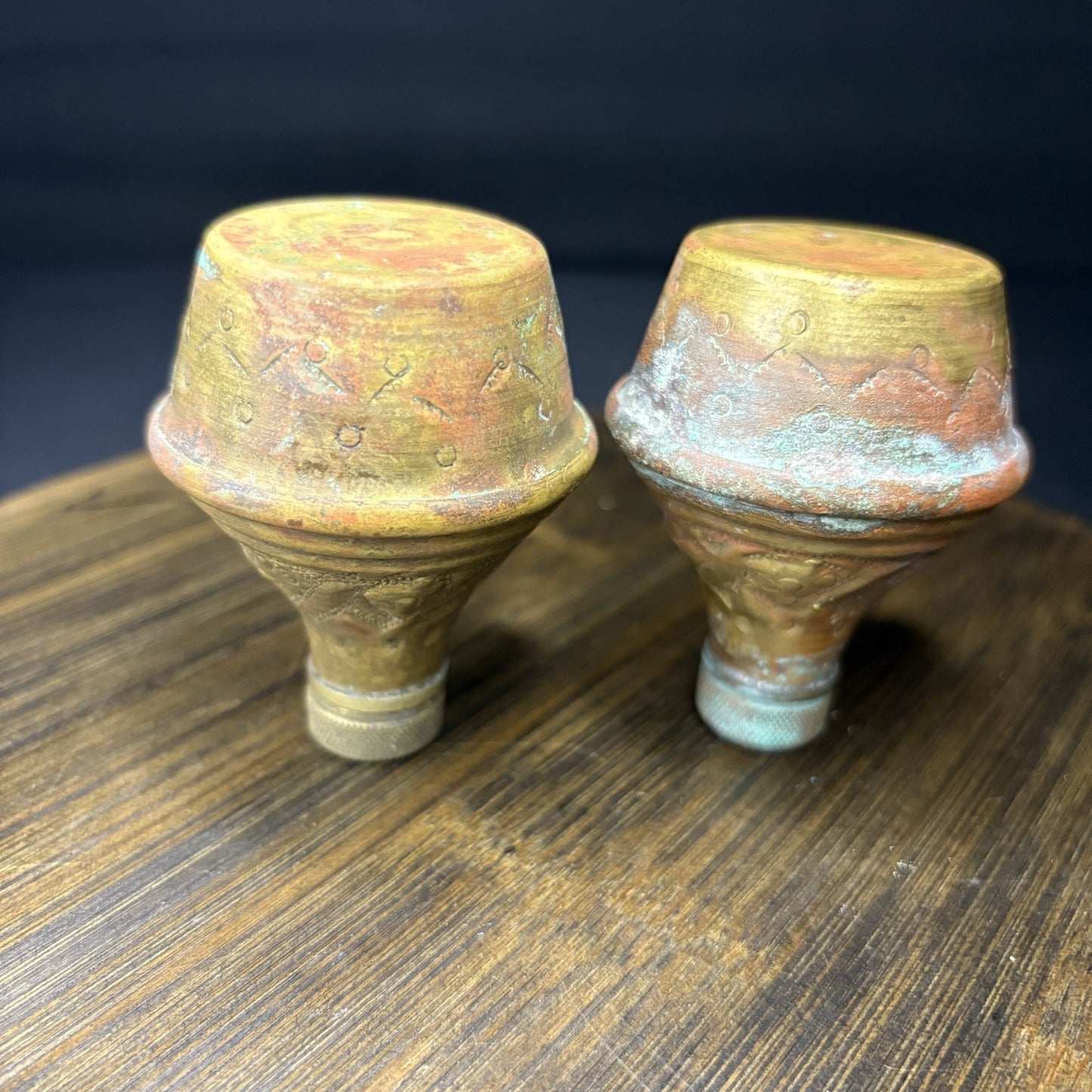 Antique Copper Salt & Pepper Shaker Hand Etched Copper Early 1900s14