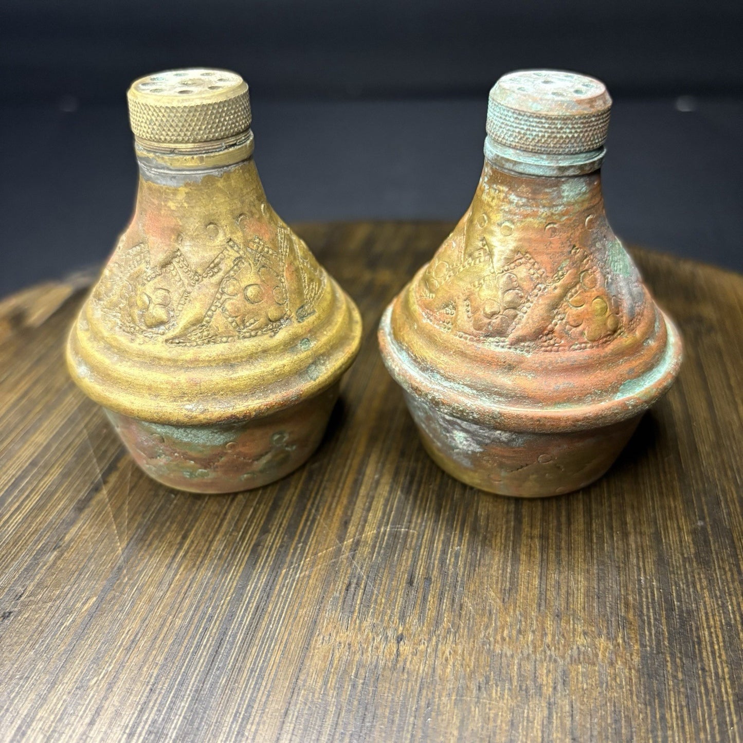 Antique Copper Salt & Pepper Shaker Hand Etched Copper Early 1900s4