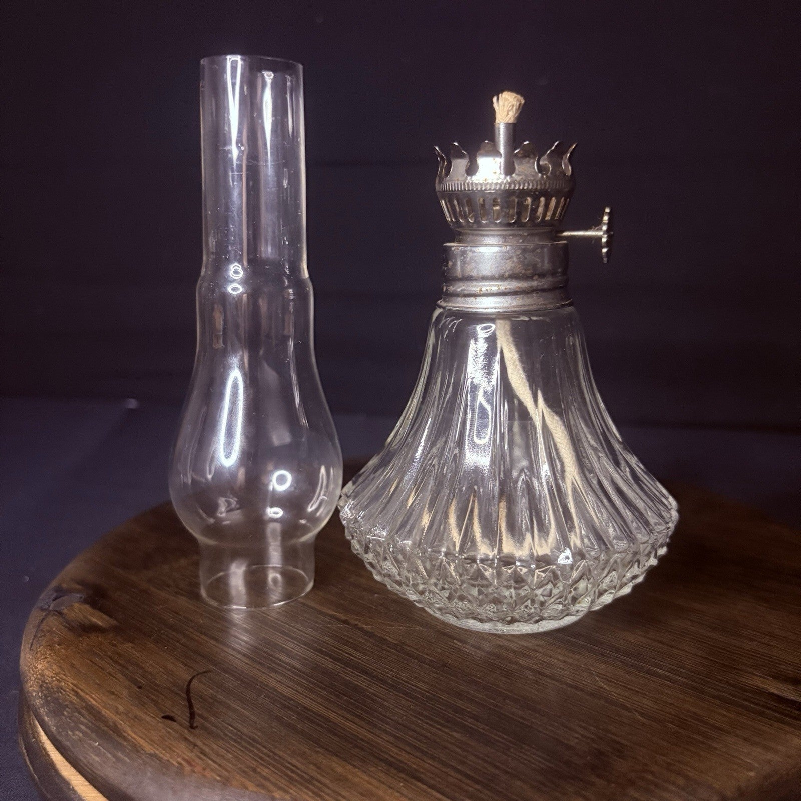 Vintage Miniature Hurricane Oil Lamp Lamplight Long Chimney, Diamond Cut Base3