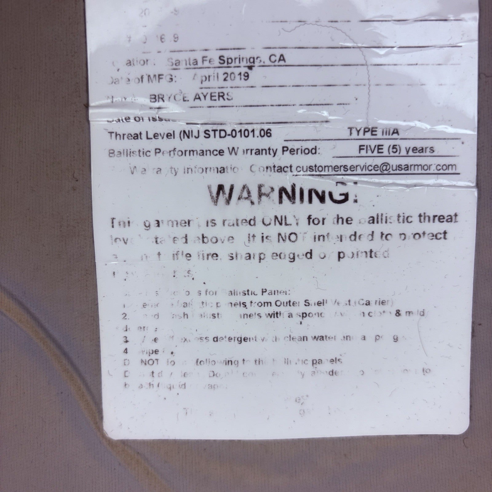 US Armor IIIA (3A) Bullet Proof Concealable Vest -Size SMALL- 201916