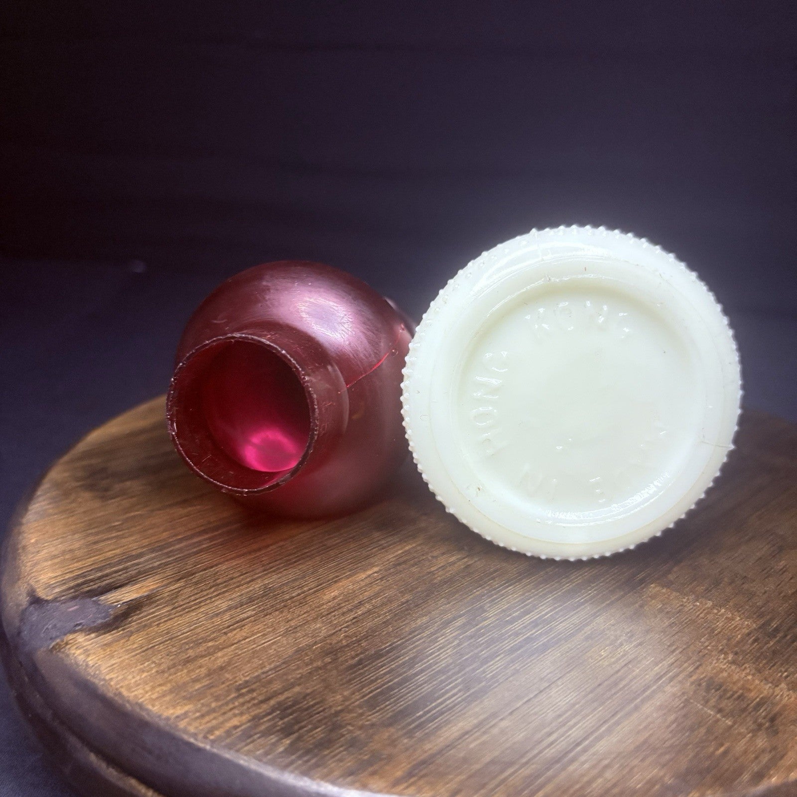 VTG Miniature Hurricane Oil Lamp Hobnail Milk Glass Base Ruby Globe, Hong Kong7