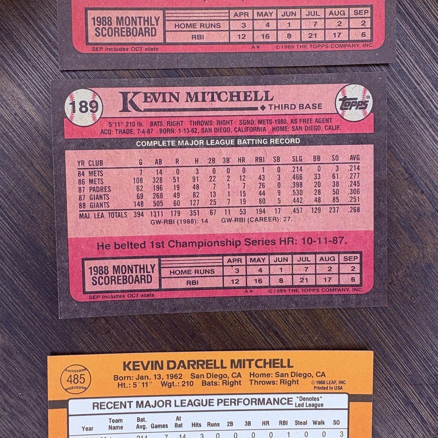 1989 Donruss Kevin Mitchell #485 ERROR Card (No Dot INC) & (2) Topps #18911