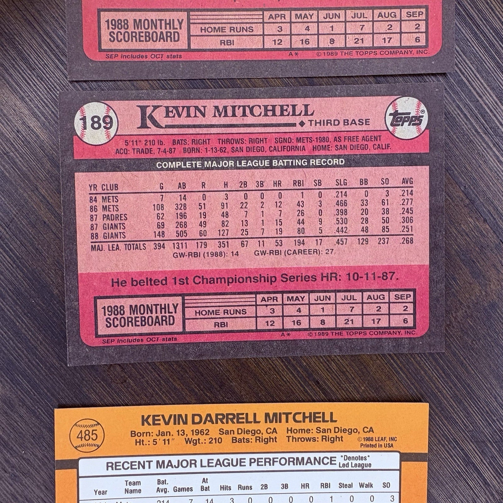 1989 Donruss Kevin Mitchell #485 ERROR Card (No Dot INC) & (2) Topps #18911