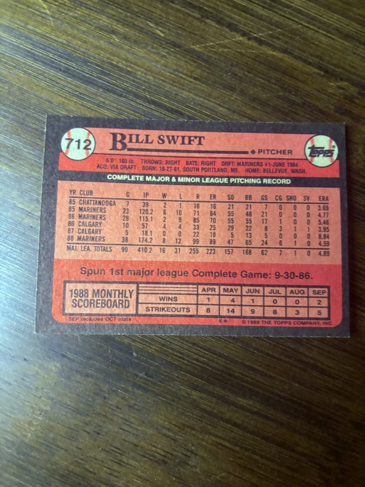 1989 Topps Bill Swift Seattle Mariners #712 High Grade See Photos1