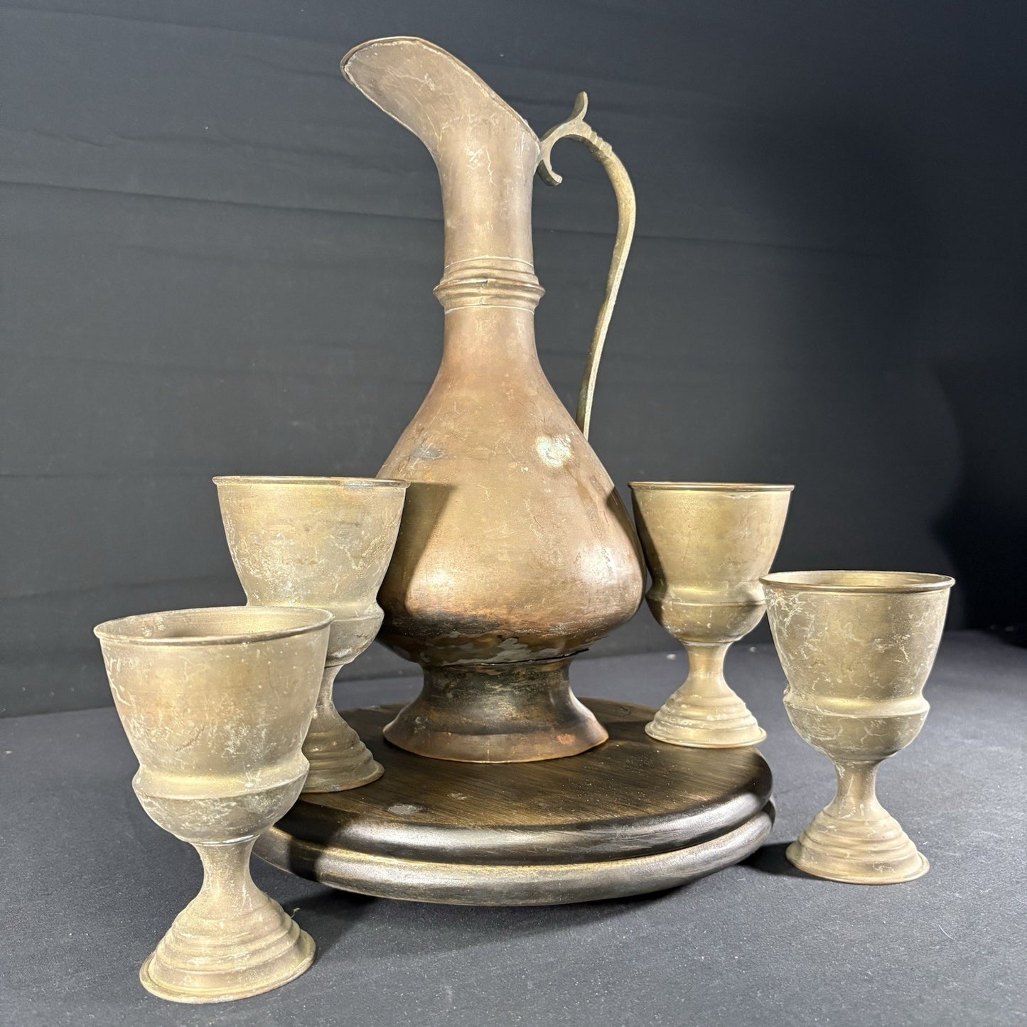 Antique Arabic Pitcher w/ Cups Middle Eastern Hand Hammered Brass Early 1900s1