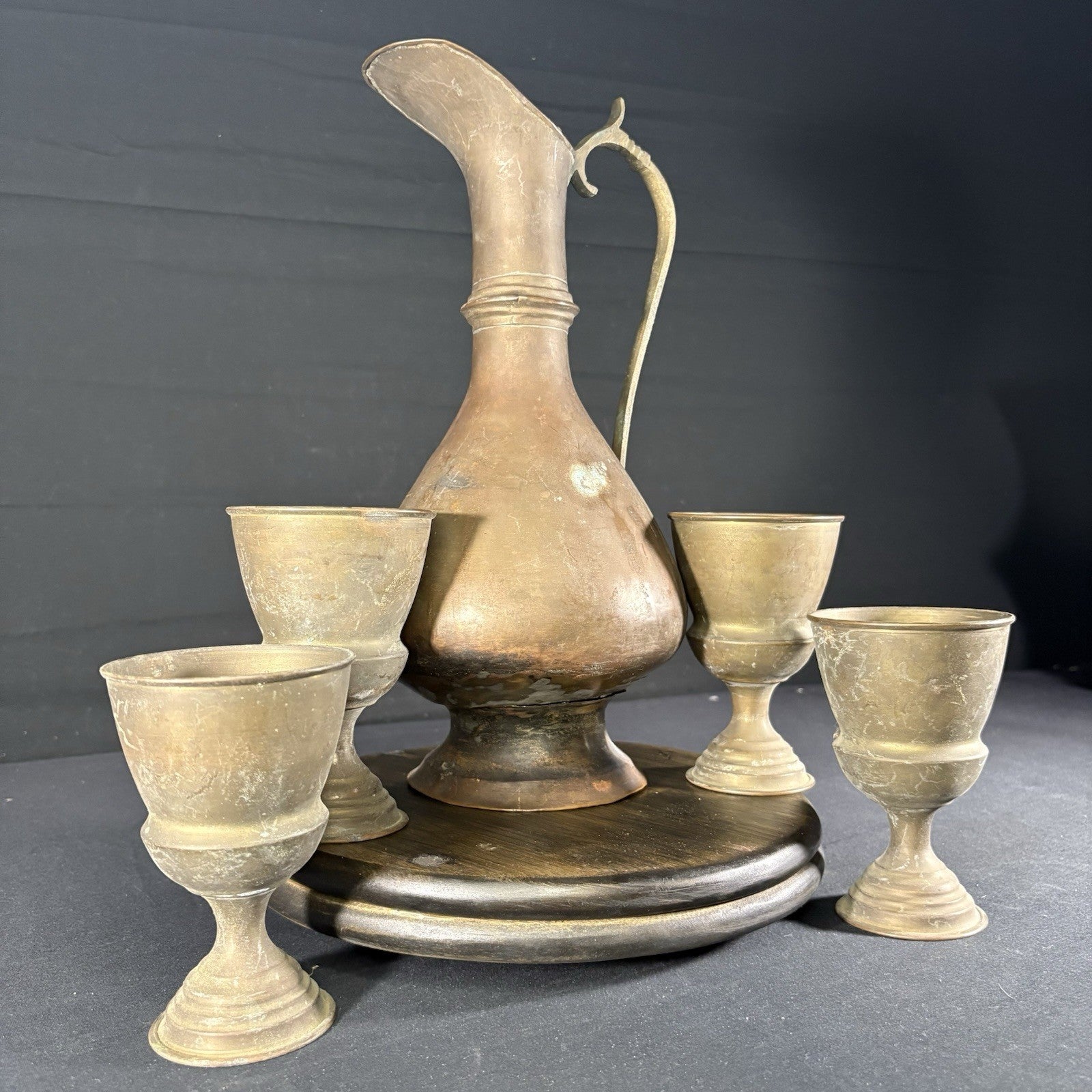 Antique Arabic Pitcher w/ Cups Middle Eastern Hand Hammered Brass Early 1900s1