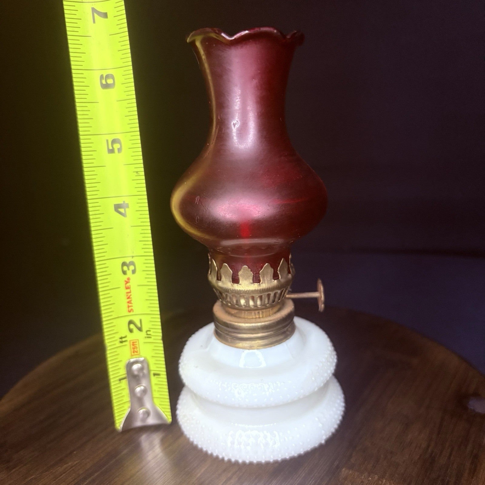 VTG Miniature Hurricane Oil Lamp Hobnail Milk Glass Base Ruby Globe, Hong Kong9