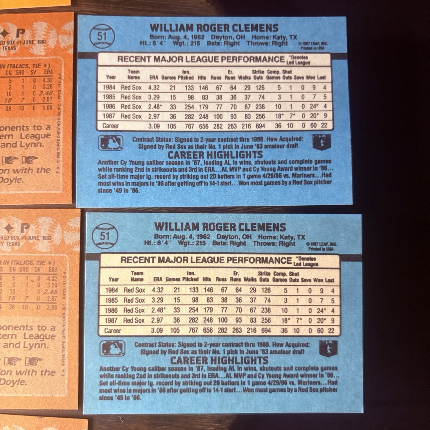 19871988 Roger Clemens (9) Card Lot,  Topps & Donruss, #450, #280, #70, #5116
