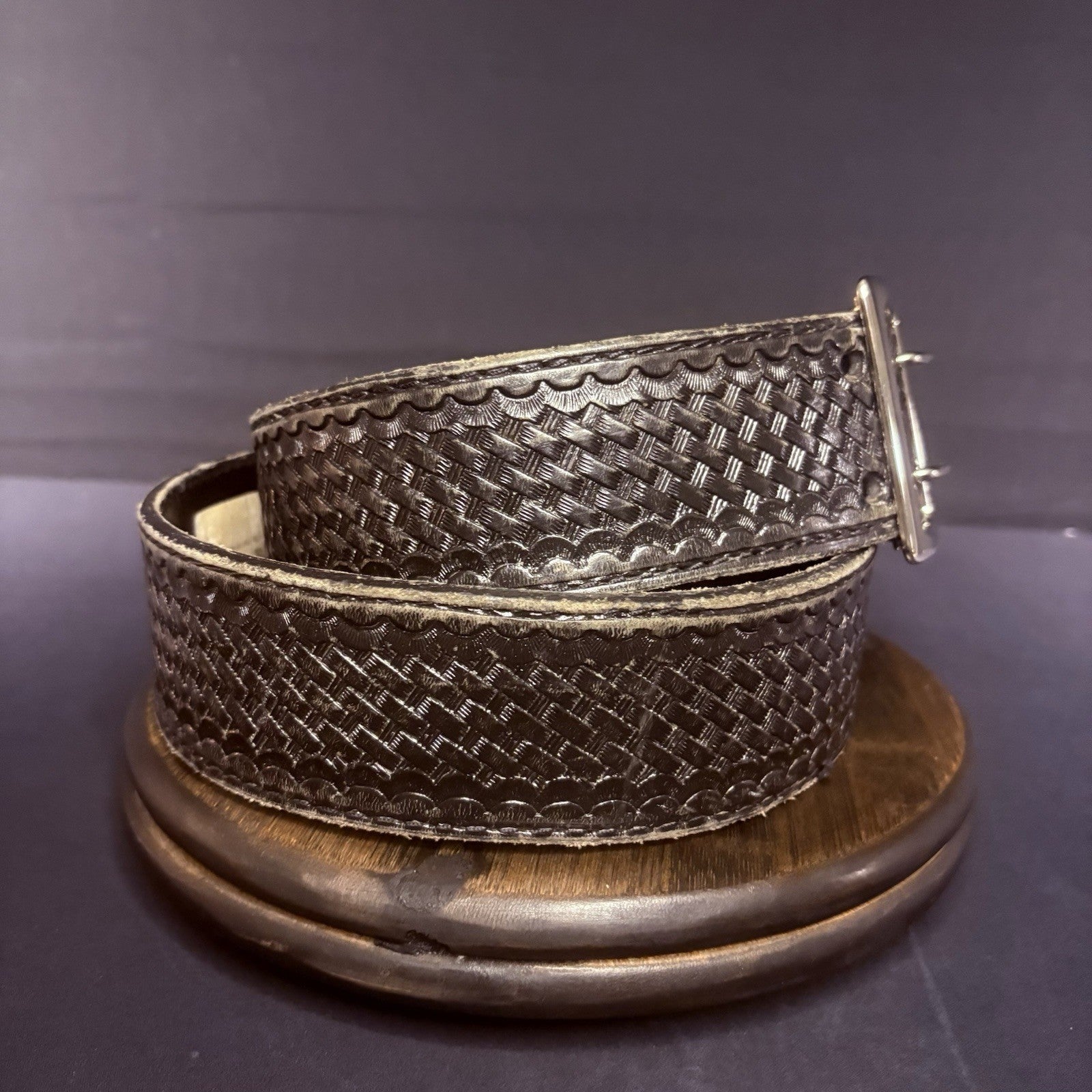 JS Leather Sam Browne Duty Belt Size 40" Black Basket Weave Chrome Brass Buckle6