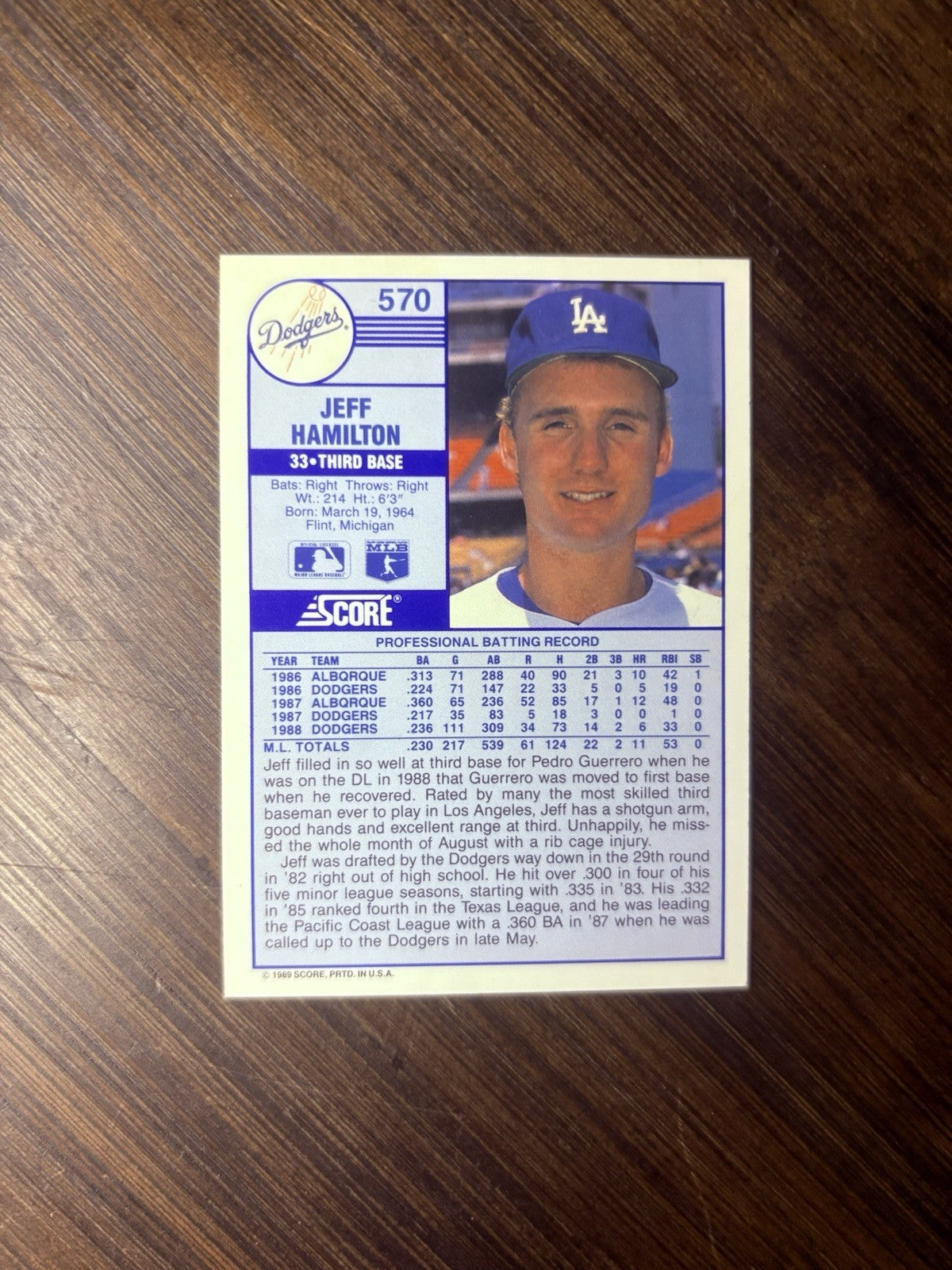 1989 Score Jeff Hamilton A Los Angeles Dodgers #570 High Grade Baseball Card1