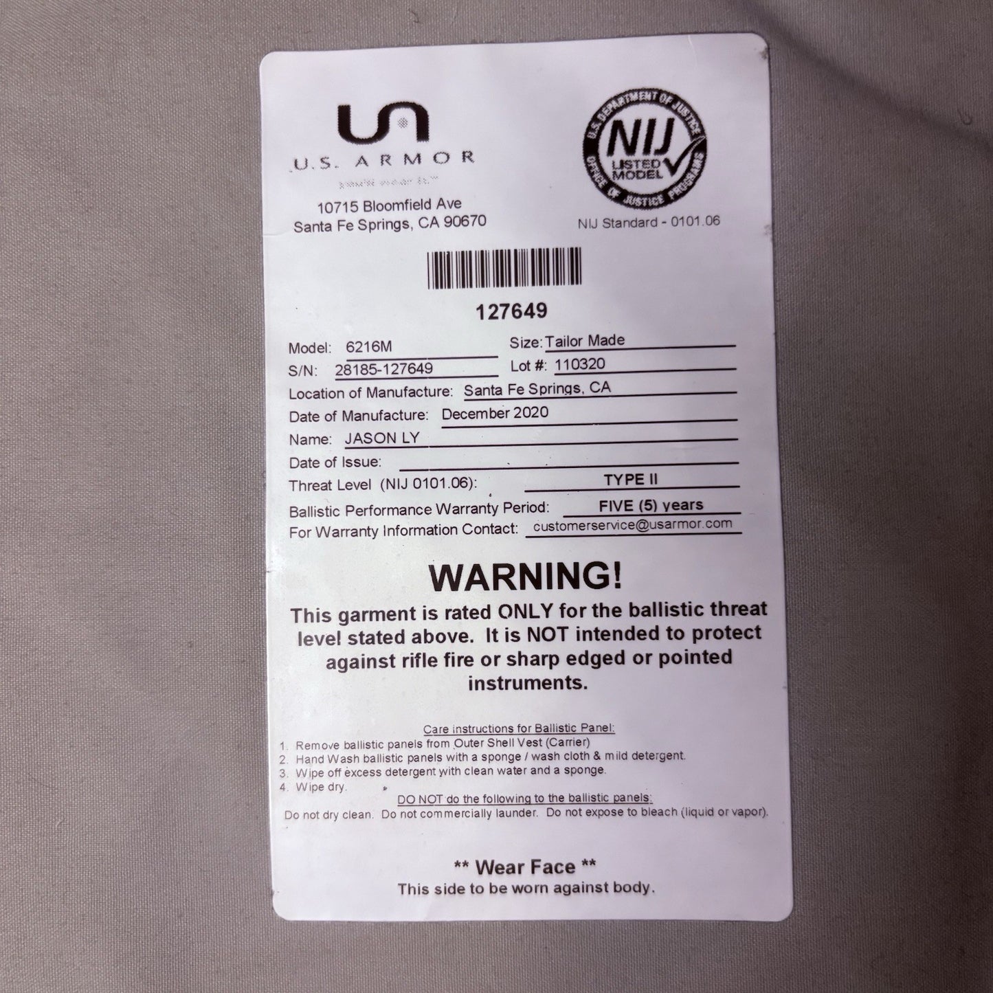 US Armor Level II (2)  Bullet Proof Concealable Vest -Size SMALL- 202011