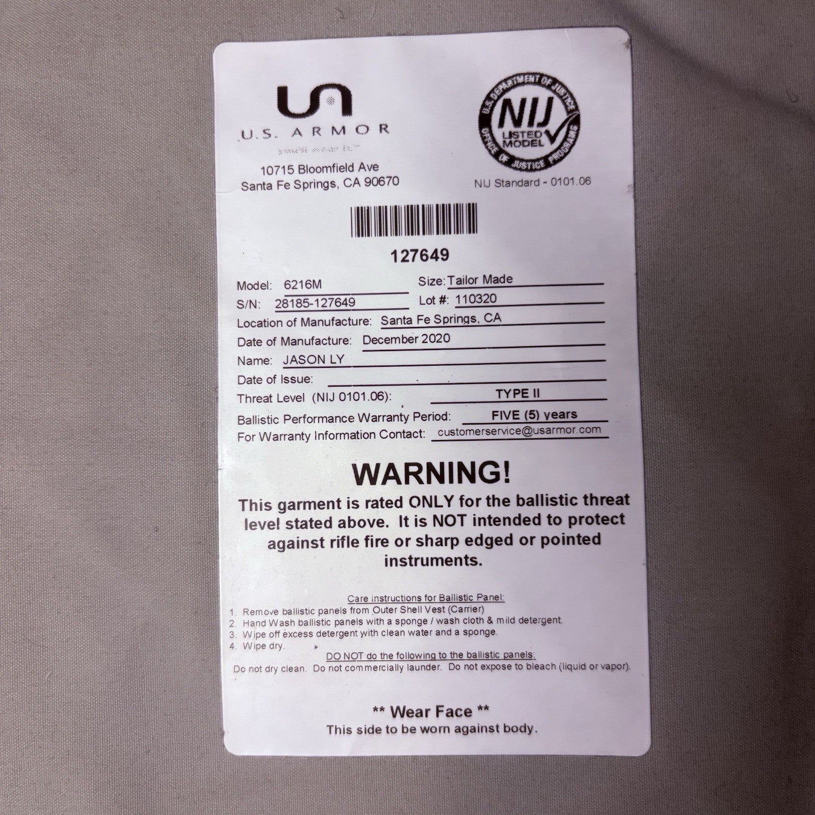 US Armor Level II (2)  Bullet Proof Concealable Vest -Size SMALL- 202011