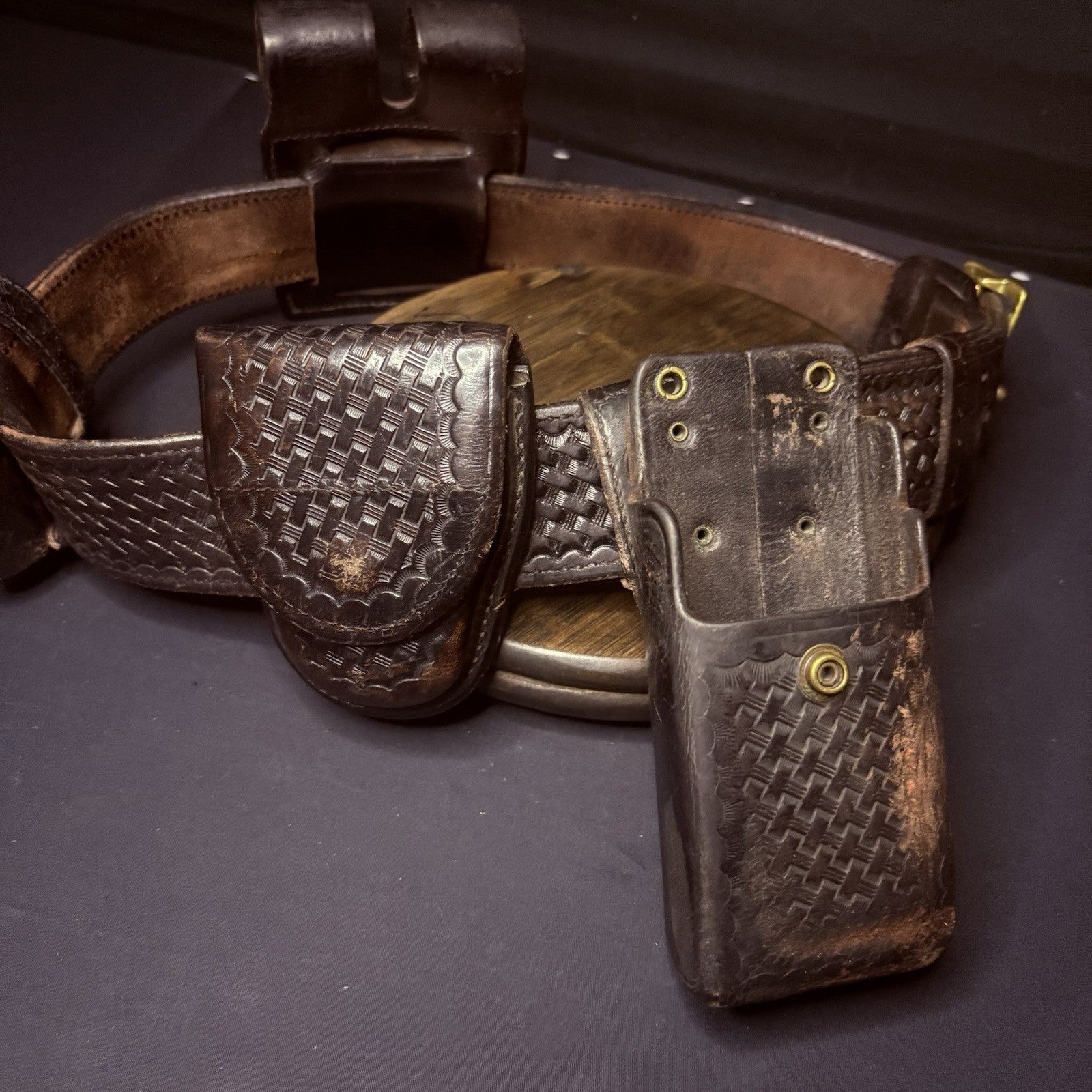 Full Leather Bianchi Duty Belt 38" w/Handcuff Case, Magazine Carrier, Baton Ring5