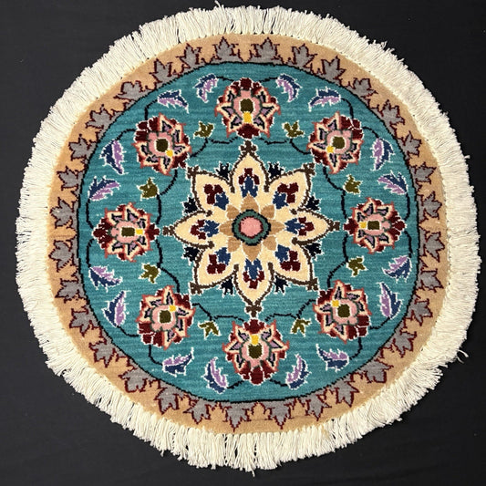 Persian Nain Round Medallion Rug Hand Knotted Size 20”x20” Or 50cm Blue Rug0