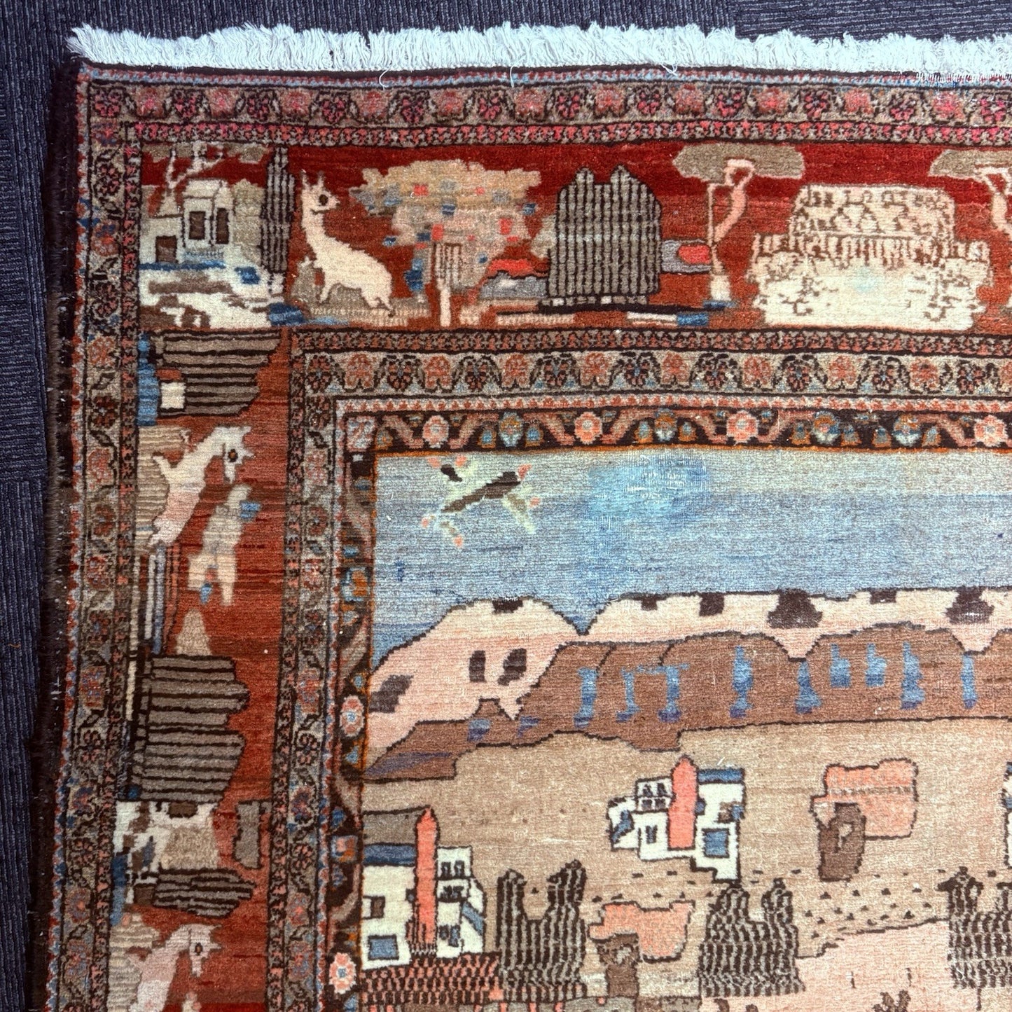 Antique Hand Knotted Pictorial Rug 9'x5' 1940s Kashann Rug8