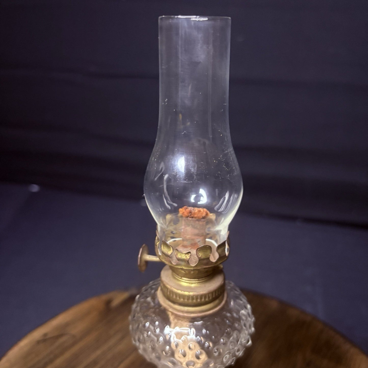 Vintage Miniature Hurricane Oil Lamp Clear w/ Hobnail Bubble Base 7.5"2