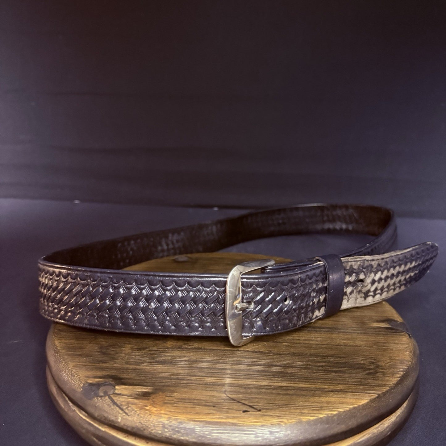JS Leather Off Duty Belt Size 42" Black Basket Weave Chrome Buckle5