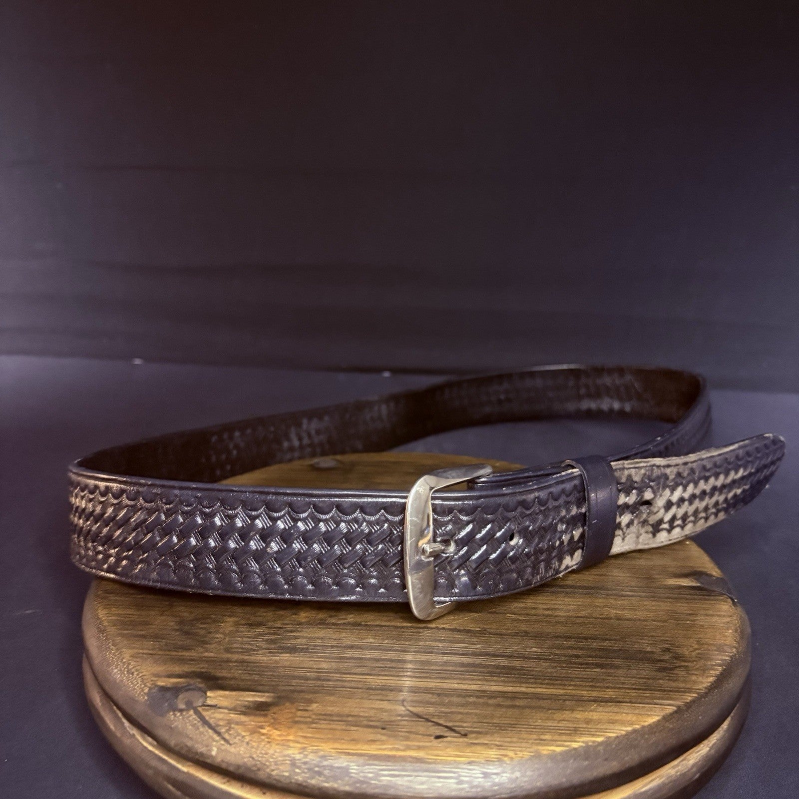 JS Leather Off Duty Belt Size 42" Black Basket Weave Chrome Buckle5