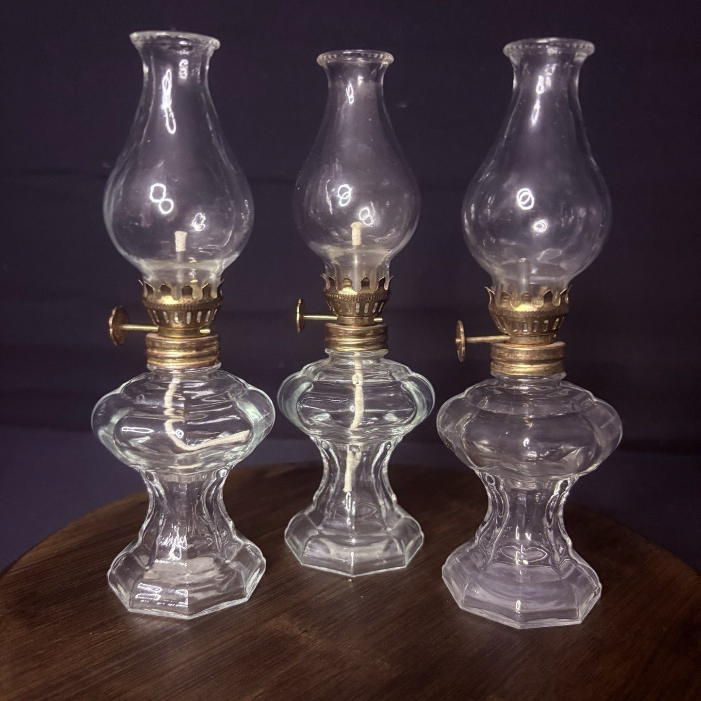 VTG 3 Miniature Hurricane Oil Lamp Set Of 3, Thick Glass Octagon Base - 6.5"14