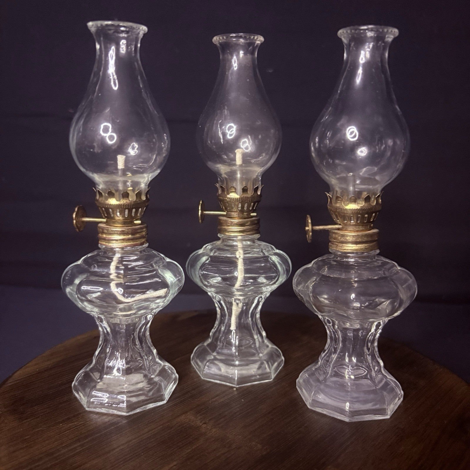 VTG 3 Miniature Hurricane Oil Lamp Set Of 3, Thick Glass Octagon Base - 6.5"14