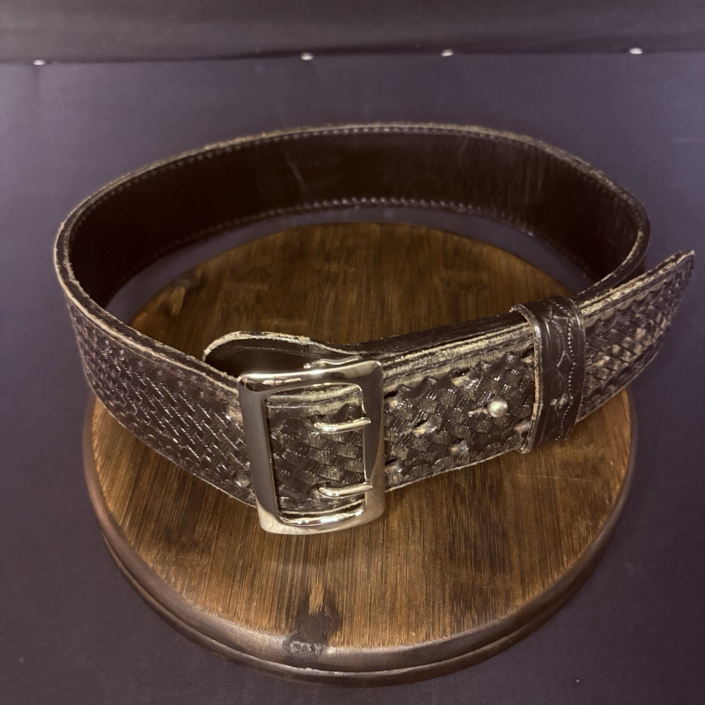 JS Leather Sam Browne Duty Belt Size 32" Black Basket Weave Chrome Buckle2
