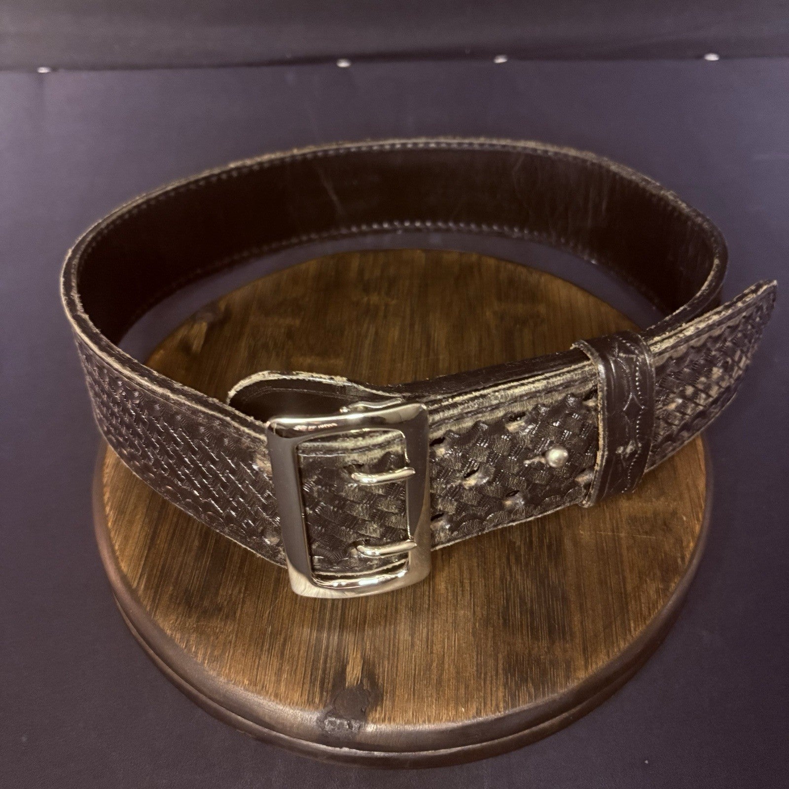 JS Leather Sam Browne Duty Belt Size 32" Black Basket Weave Chrome Buckle2