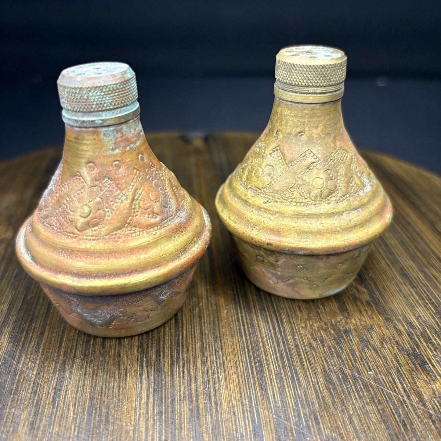 Antique Copper Salt & Pepper Shaker Hand Etched Copper Early 1900s11