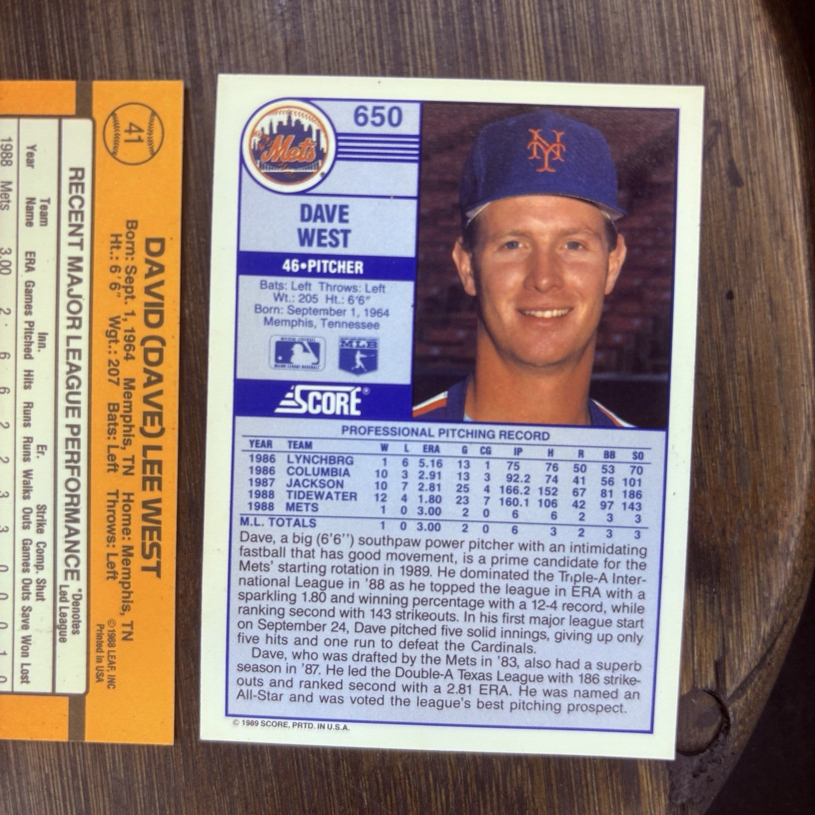 (2) 1989 Donruss # 41 DAVE WEST Rated Rookie & (1) #650 Score Trading Card10