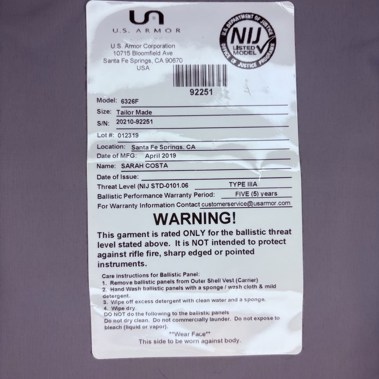 US Armor IIIA (3A) Bullet Proof Concealable Vest -Size Female Small- 201913