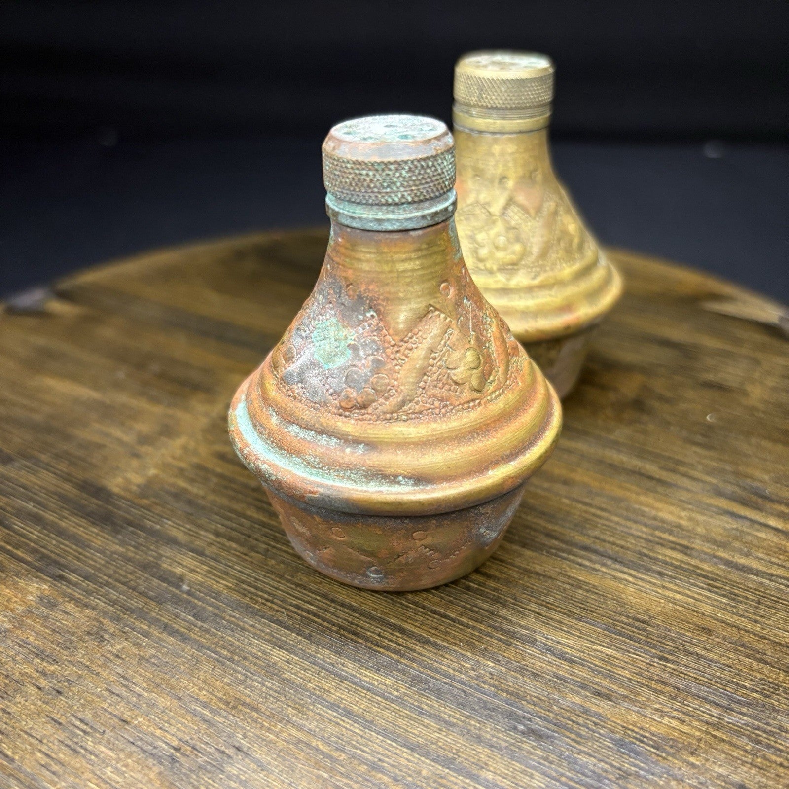 Antique Copper Salt & Pepper Shaker Hand Etched Copper Early 1900s10