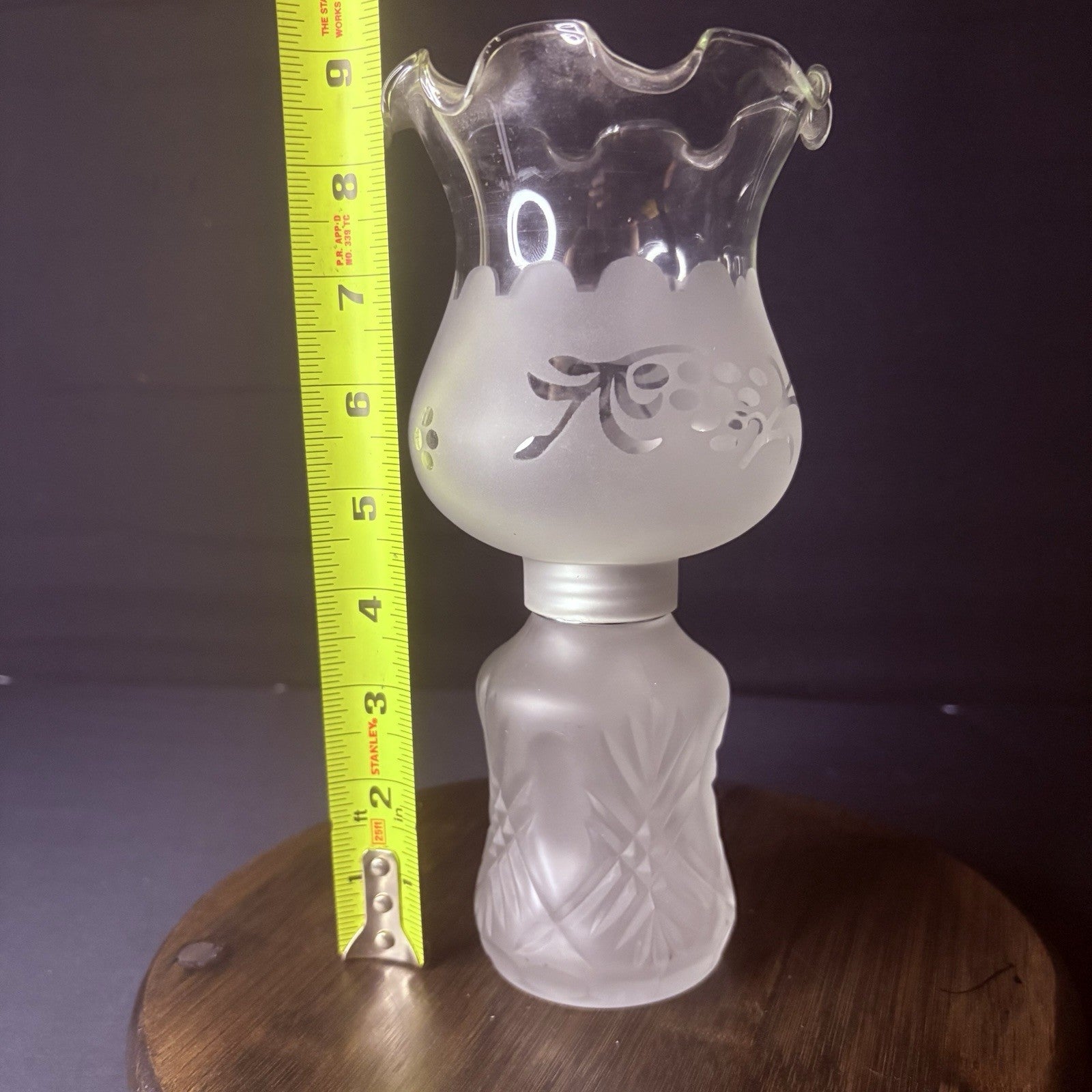 Vintage Miniature Hurricane Lamp By LampLight Farms Frosted & Etched Glass  8.5"9