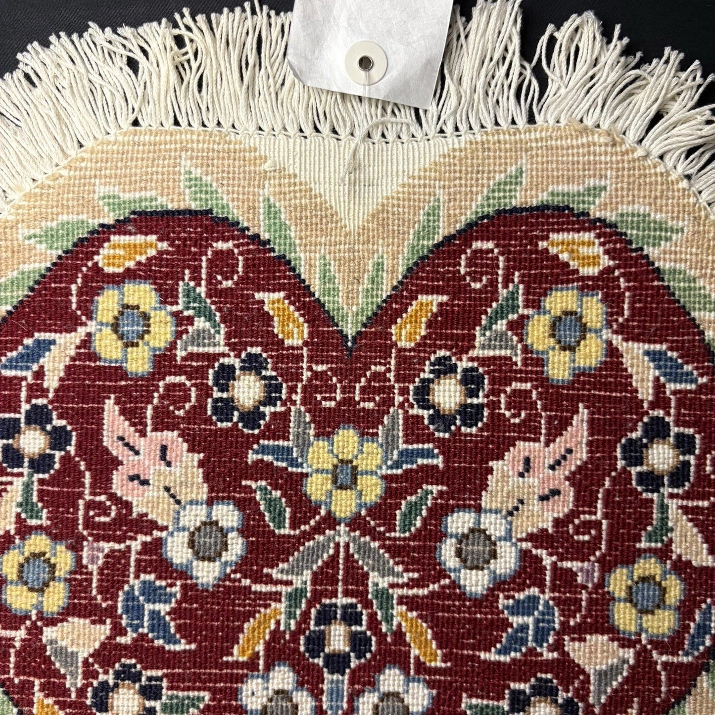 Heart Shape Rug Red w/Flowers Hand Knotted 14”x13” RARE 240 KPSI16