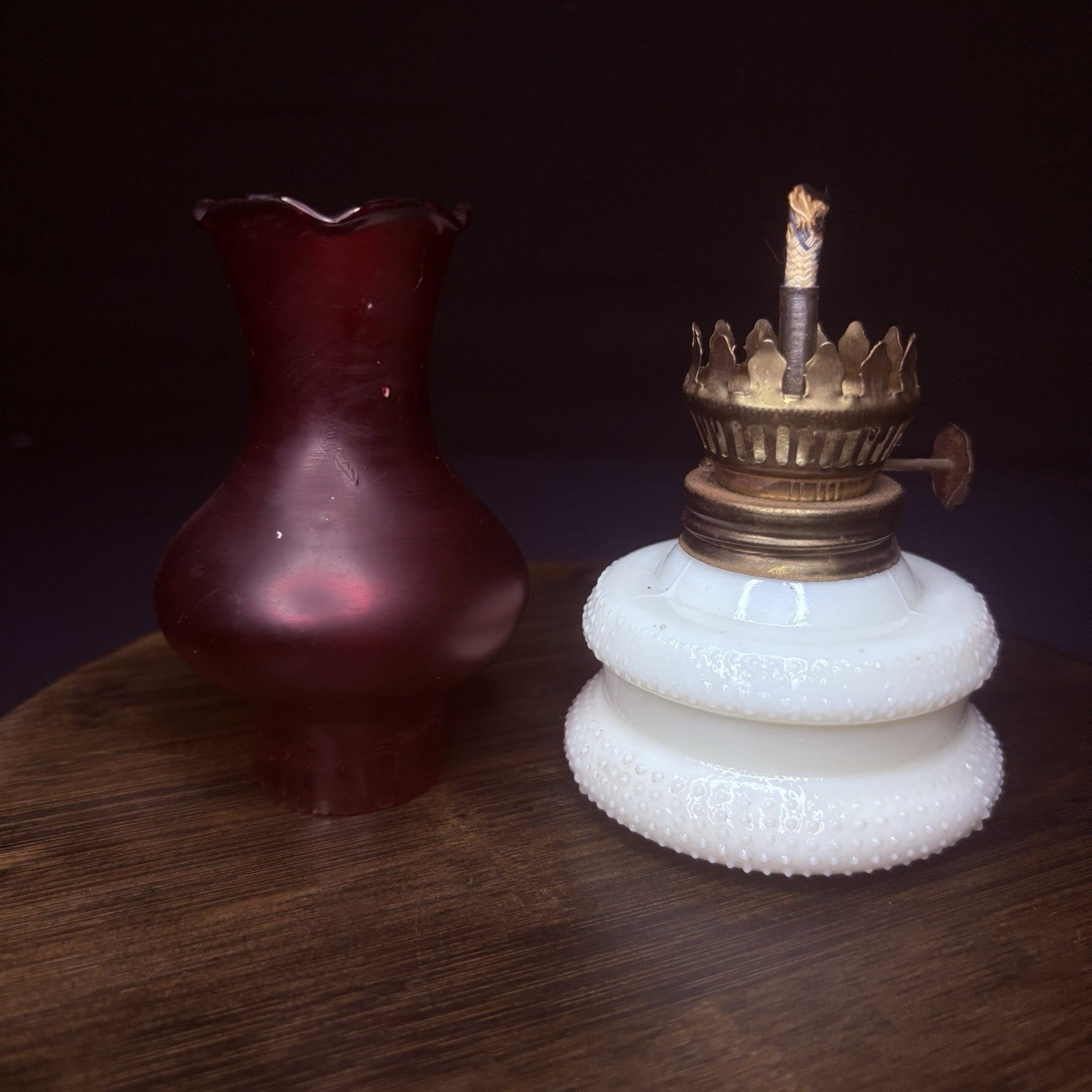 VTG Miniature Hurricane Oil Lamp Hobnail Milk Glass Base Ruby Globe, Hong Kong5