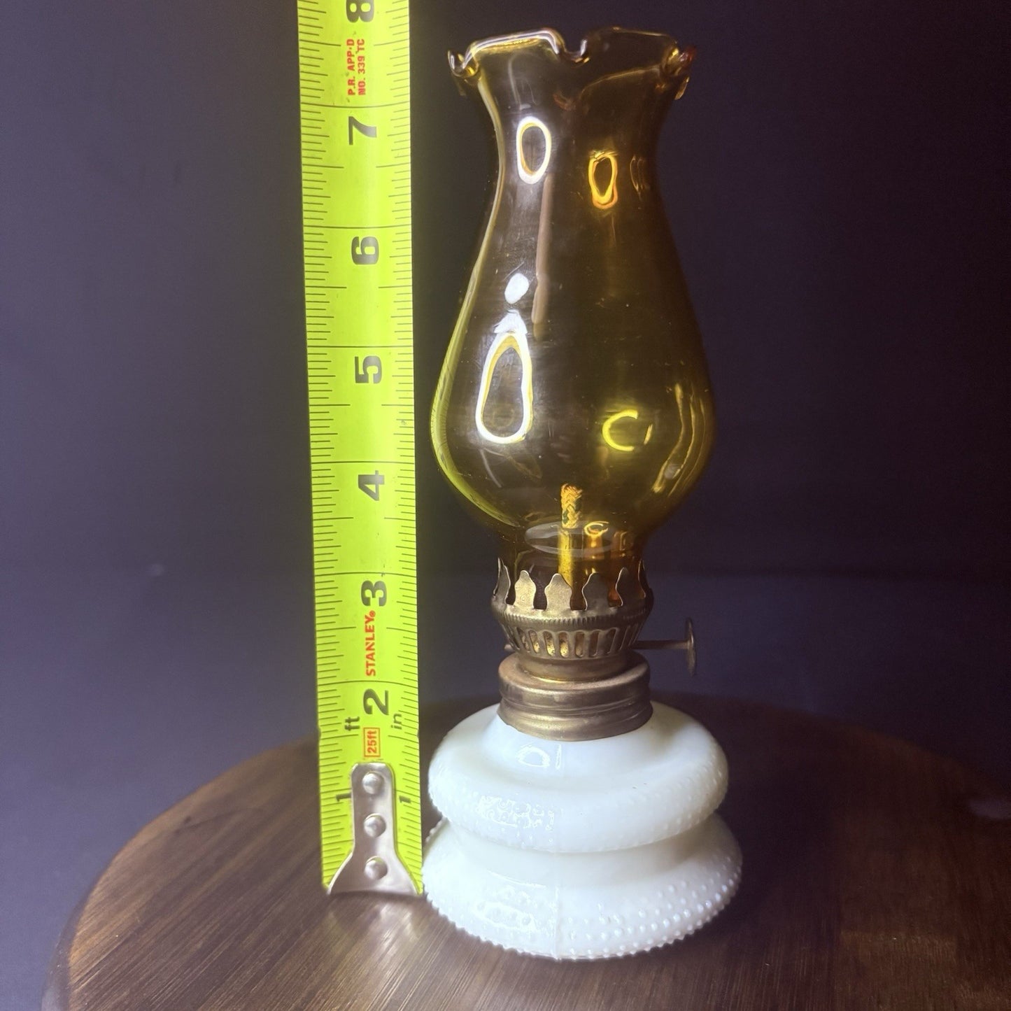 VTG Miniature Hurricane Oil Lamp Hobnail Milk Glass Base Amber Globe, Hong Kong11