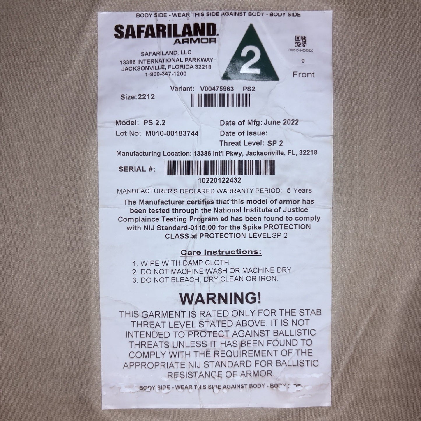 Safariland Stab Armor 2022 Size Large PS2.2 Spike Level 2 VERY THIN and FLEXIBLE2