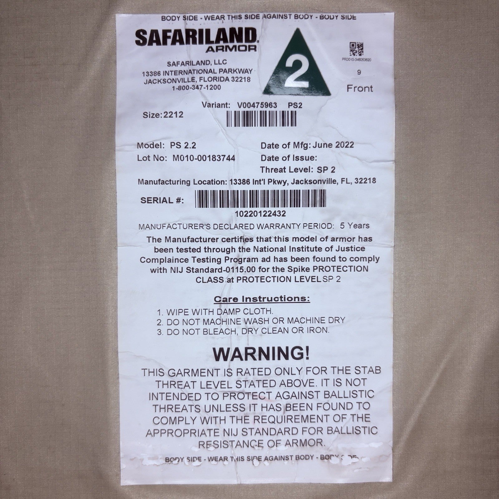 Safariland Stab Armor 2022 Size Large PS2.2 Spike Level 2 VERY THIN and FLEXIBLE2