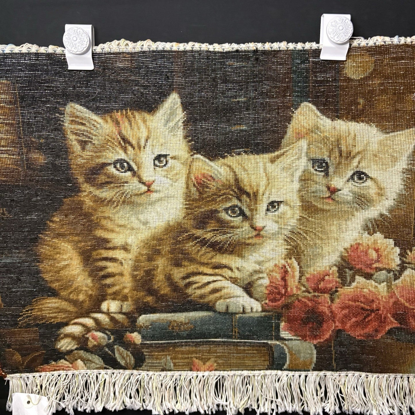 Persian Pictorial Rug Kittens Hand Knotted w/Silk Inlays 24”x16” w/Rug Hangers18