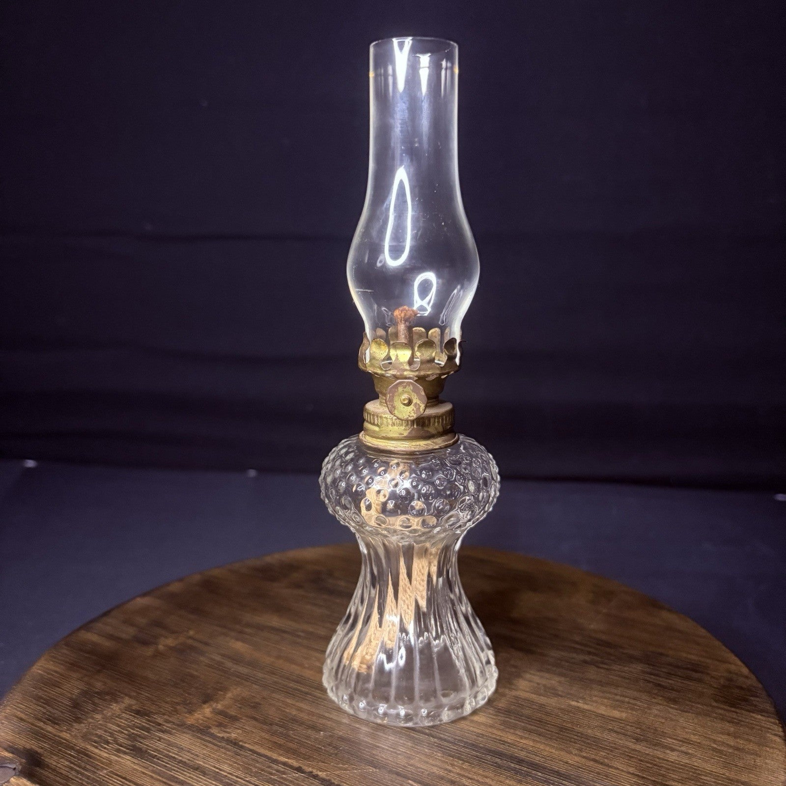 Vintage Miniature Hurricane Oil Lamp Clear w/ Hobnail Bubble Base 7.5"8