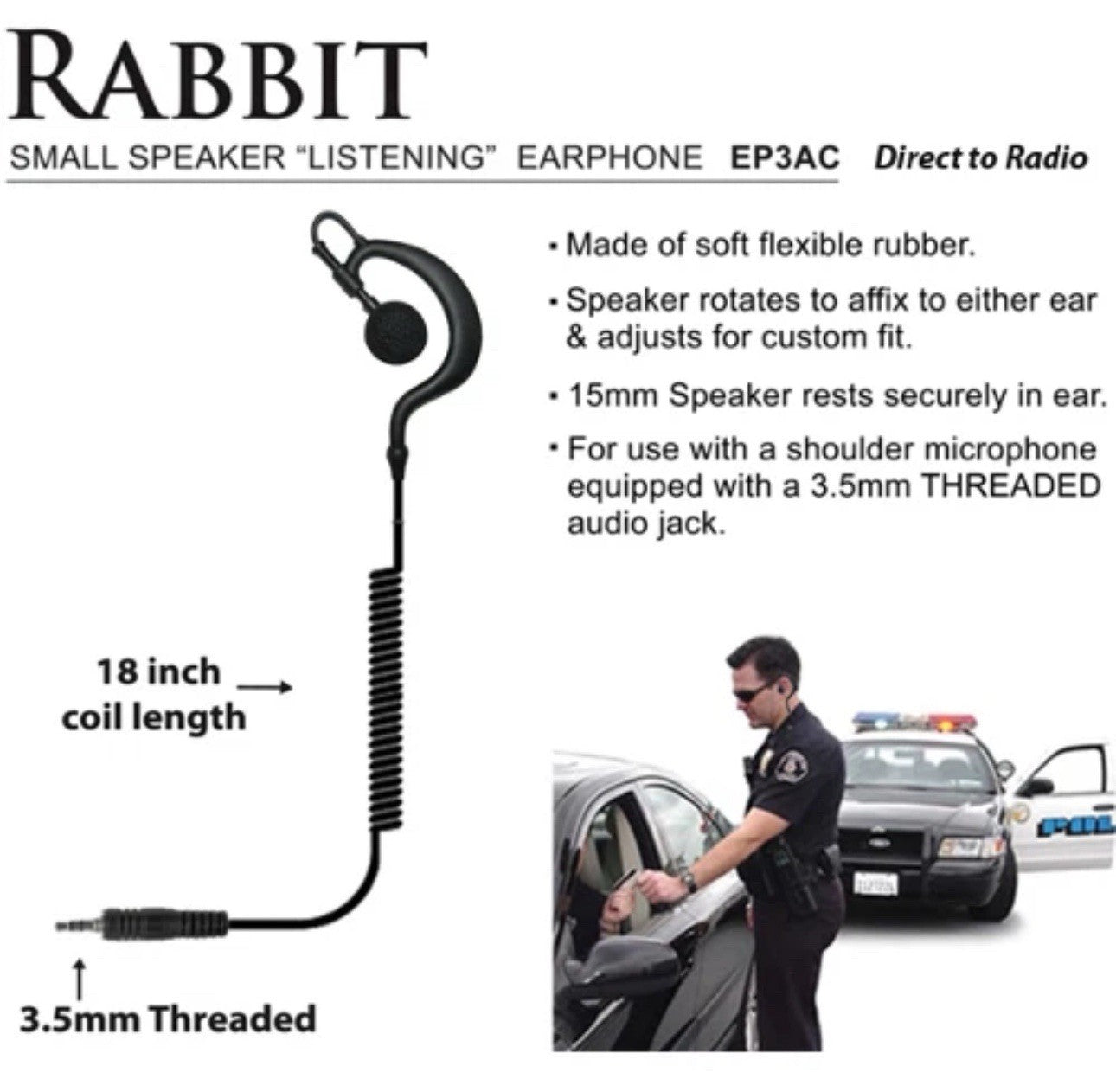 RABBIT 3.5mm Threaded Listen Only Police Earpiece for Motorola XTS Series Radios1