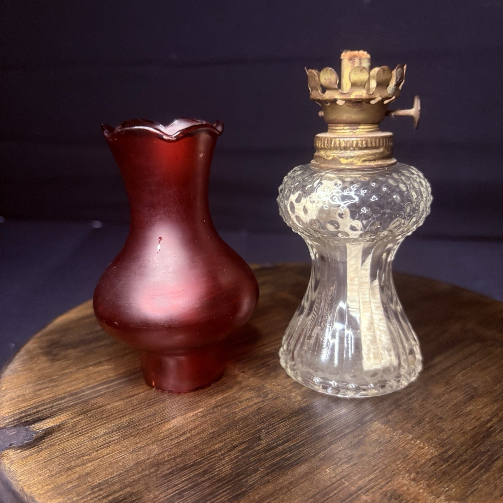 VTG Miniature Hurricane Oil Lamp Clear Hobnail Bubble Base, Ruby Red Bell Globe3