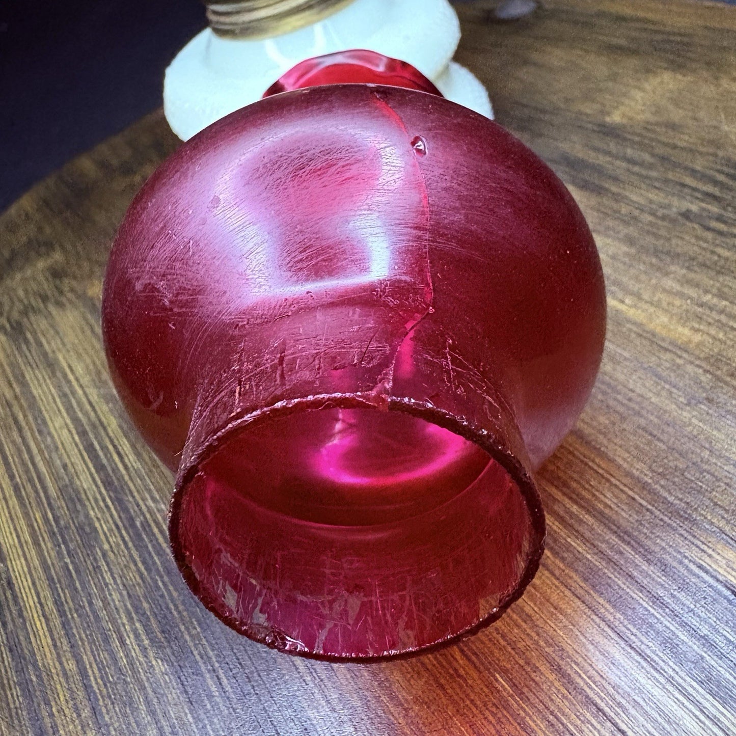 VTG Miniature Hurricane Oil Lamp Hobnail Milk Glass Base Ruby Globe, Hong Kong11